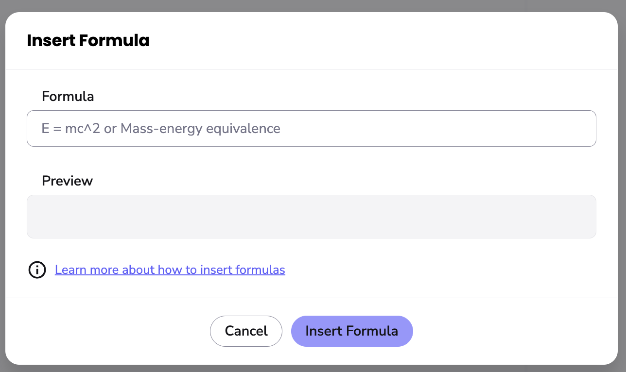 Image shows the insert formula pop-up tab
