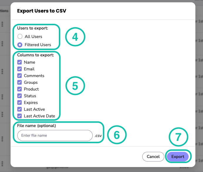Export dialog showing the choice between Filtered Users and All Users, the Columns to export tick boxes and the File name field.