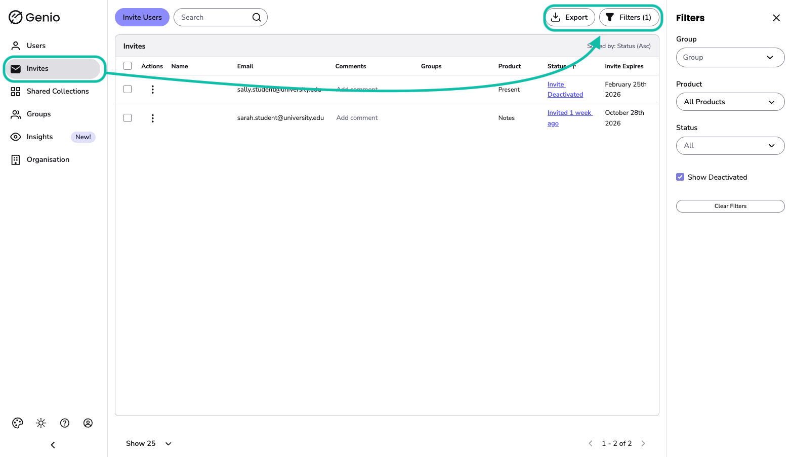 The invites tab shown with the filters and export buttons highlighted