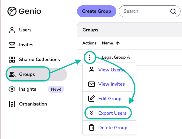 Groups tab shown with the three-dot menu open and Export Users highlighted.