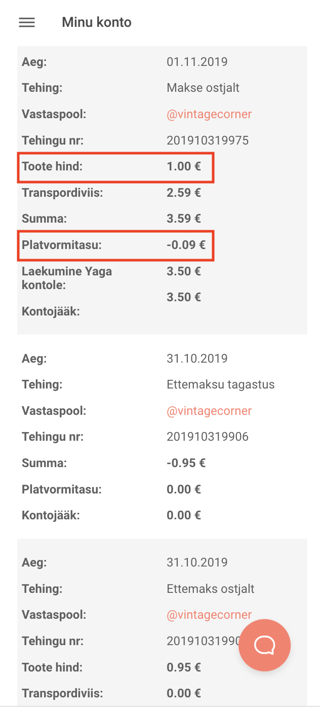"Minu konto" väljavõte