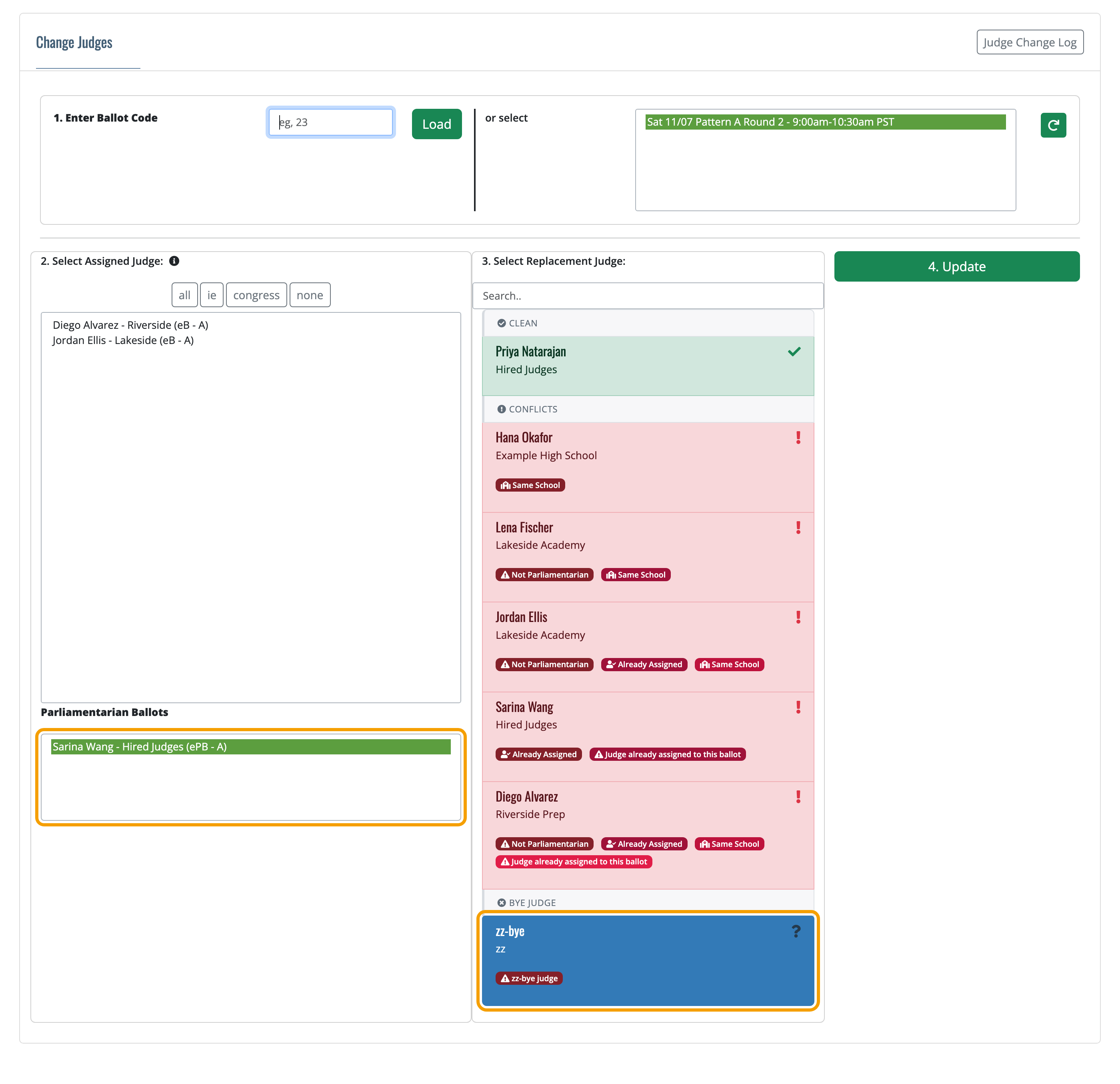 Change Judges page with a parliamentarian selected and zz-bye chosen as the replacement