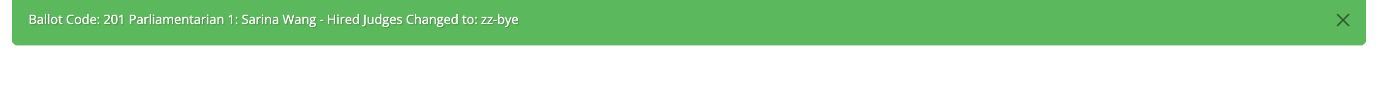 Green confirmation message showing the parliamentarian changed to zz-bye