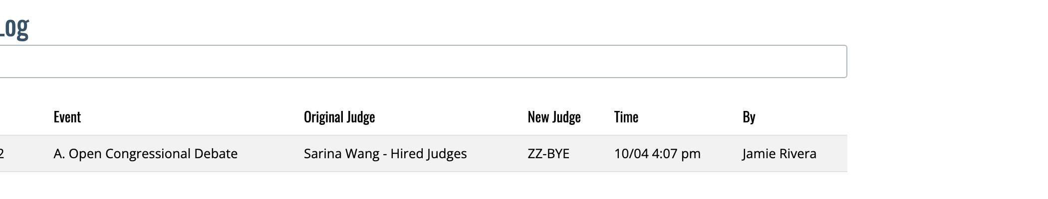 Judge Change Log showing the change to ZZ-BYE