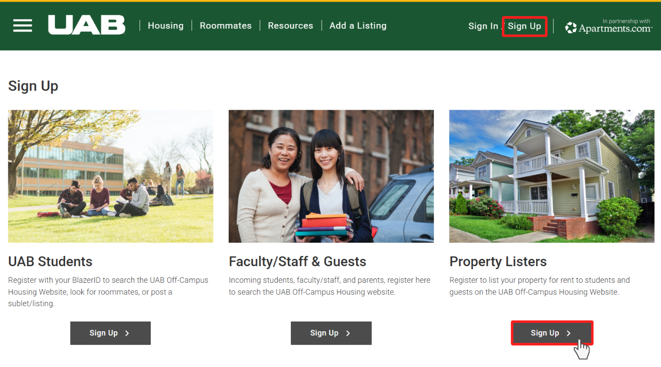UAB Registration page, highlighting Sign Up options.