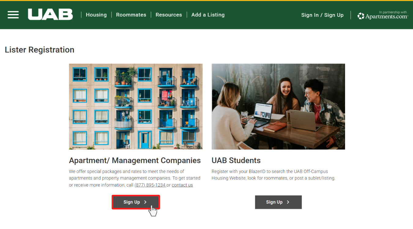 Screenshot of Registration page highlighting Property Lister sign up