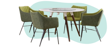 Set of four green chairs around a round dining table