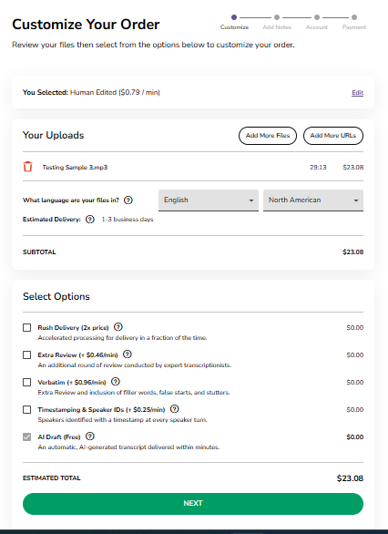 TM Support/HelpScout/Screenshots/Order Now Process 2026/Human Edited Transcription/2026 Screenshots/Order Now Customize Human Edited before feature selection 2026.png