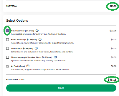 TM Support/HelpScout/Screenshots/Order Now Process 2026/Human Edited Transcription/2026 Screenshots/Order Now Customize Human Edited Rush selected 2026.png