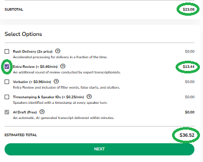 TM Support/HelpScout/Screenshots/Order Now Process 2026/Human Edited Transcription/2026 Screenshots/Order Now Customize Human Edited Extra Review selected 2026.png
