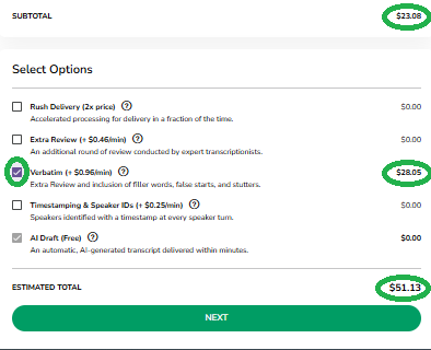 TM Support/HelpScout/Screenshots/Order Now Process 2026/Human Edited Transcription/2026 Screenshots/Order Now Customize Human Edited Verbatim selected 2026.png
