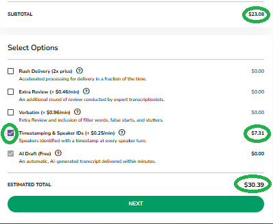 TM Support/HelpScout/Screenshots/Order Now Process 2026/Human Edited Transcription/2026 Screenshots/Order Now Customize Human Edited TS and SIDs selected 2026.png