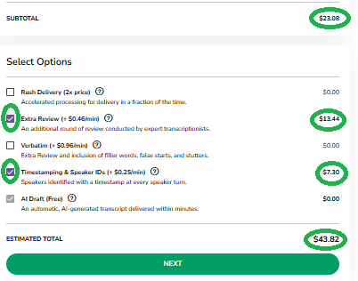 TM Support/HelpScout/Screenshots/Order Now Process 2026/Human Edited Transcription/2026 Screenshots/Order Now Customize Human Edited selection of TS and Ex R 2026.png