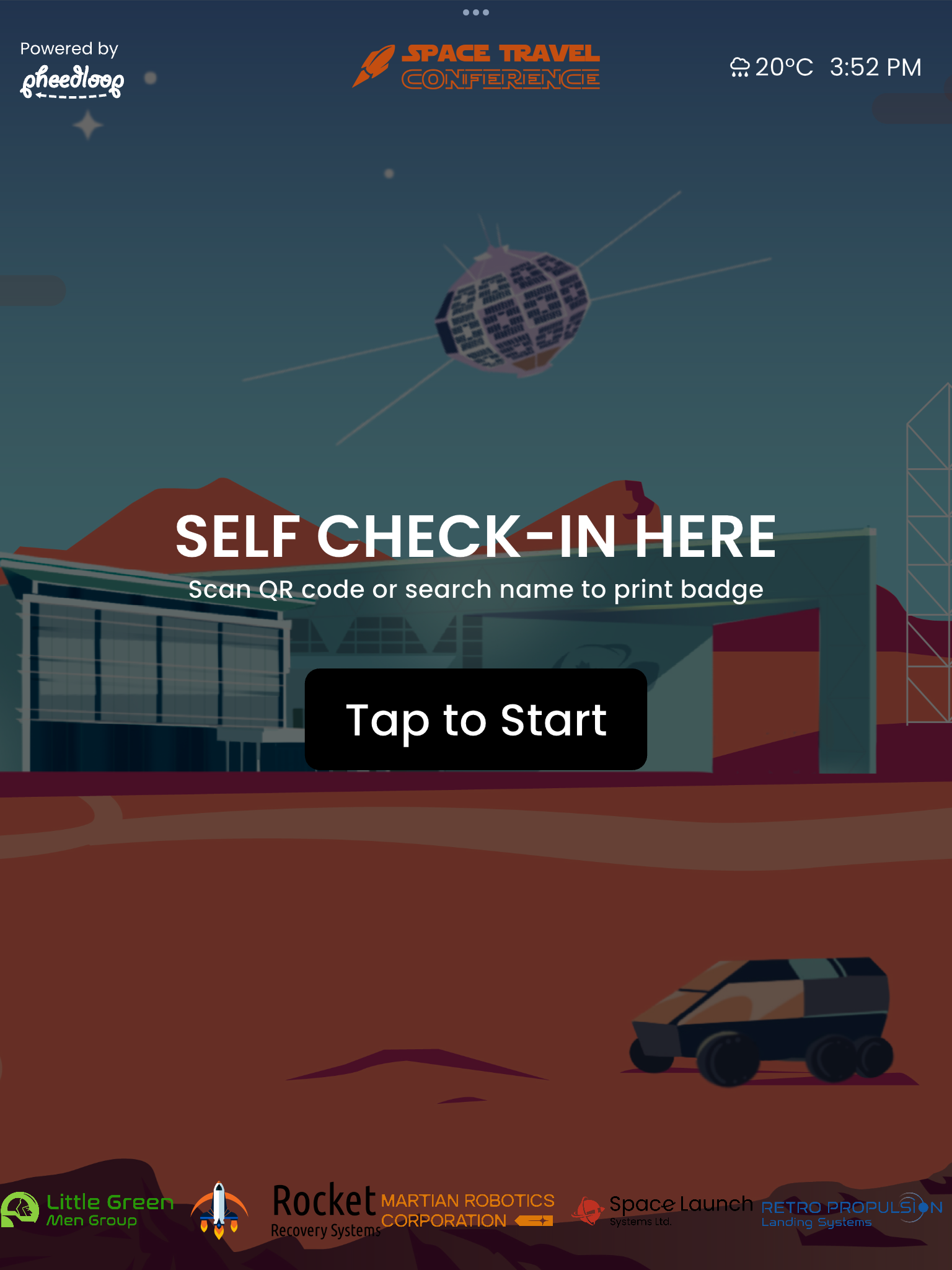 Example splash screen showing background image, header text, subtext, button, and sponsor carousel