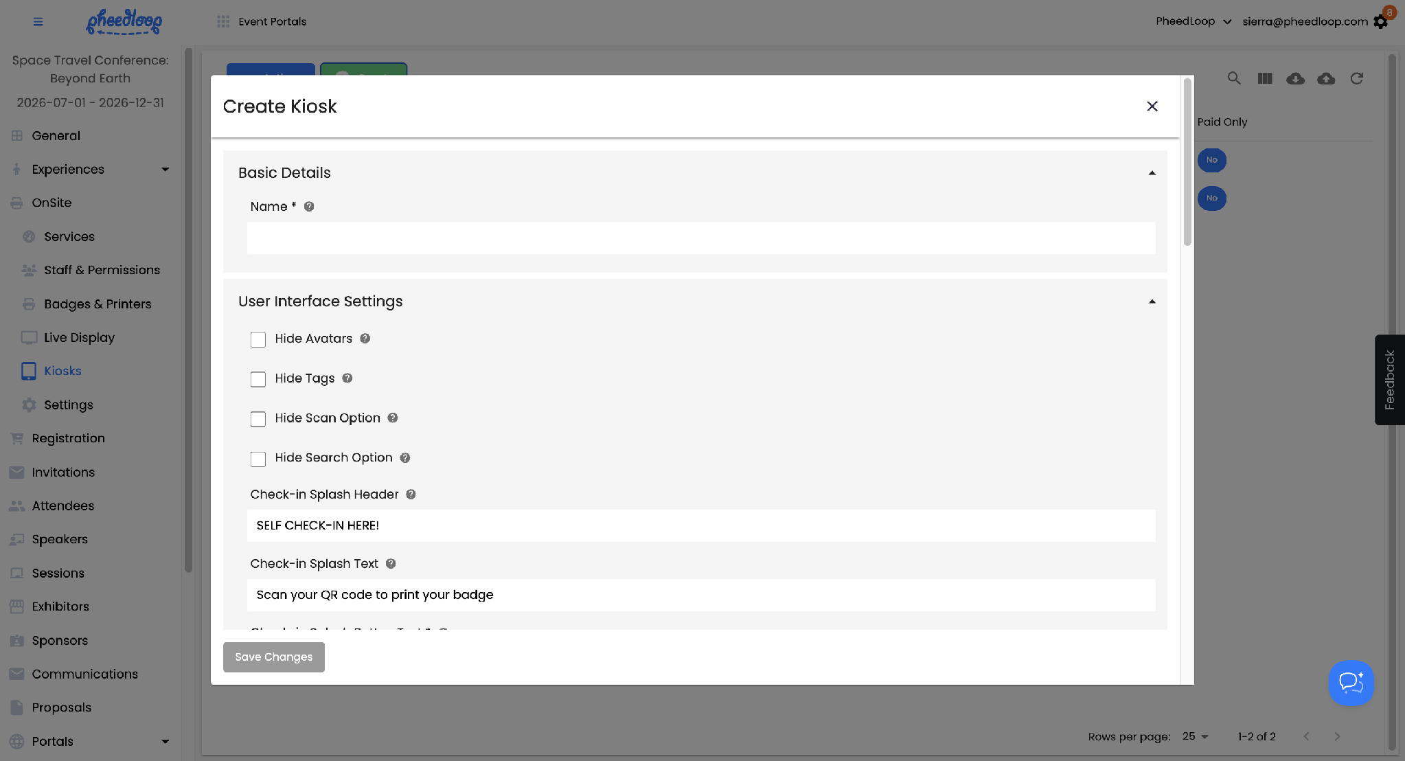 OnSite Kiosks table with the Create button and a profile selected in the right-side editor panel