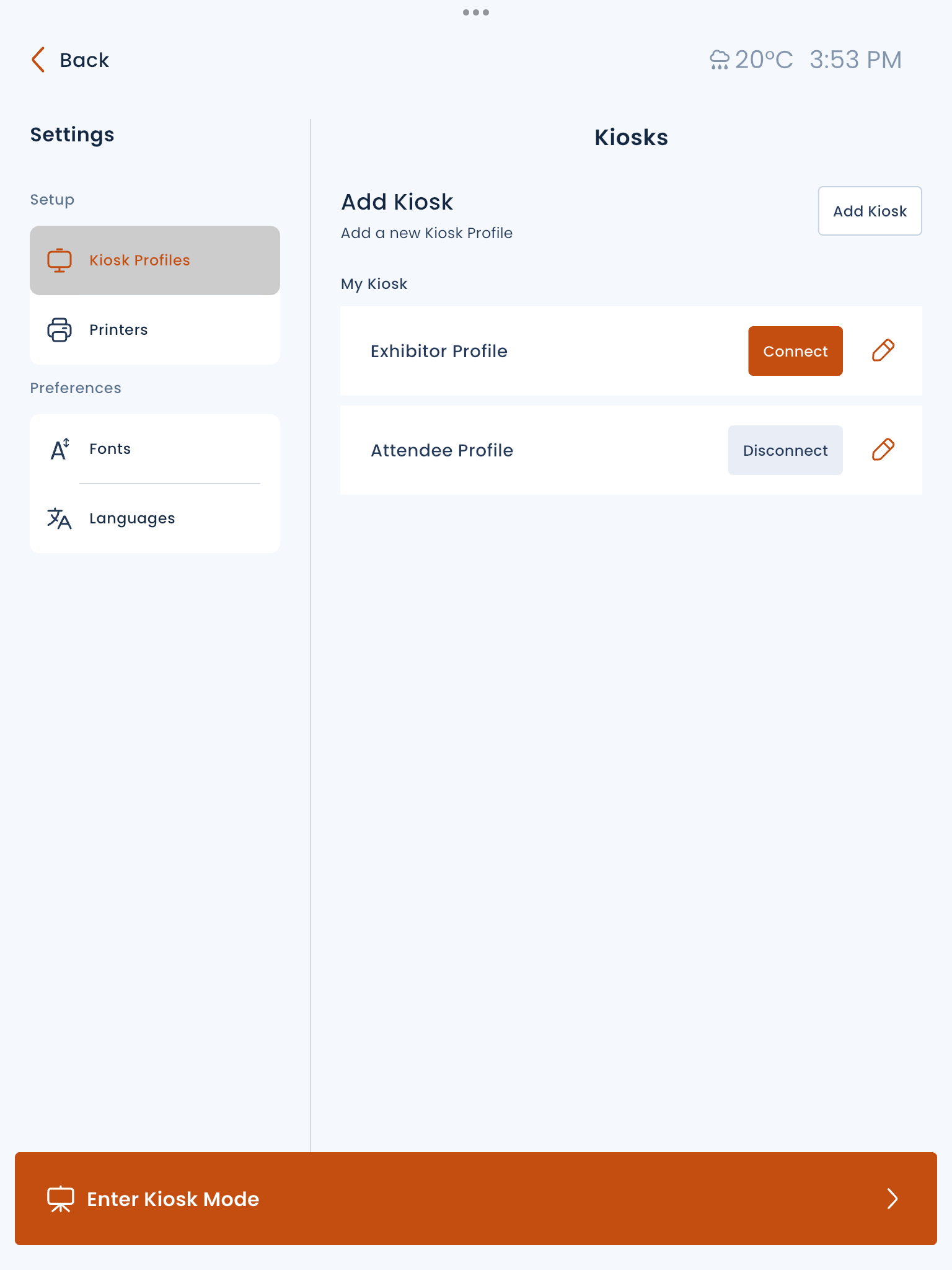 Settings > Kiosk Profiles screen in the OnSite app showing the profile list with Connect and Disconnect buttons