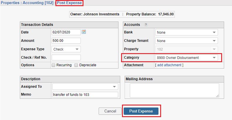 Transfer funds between properties by posting expense