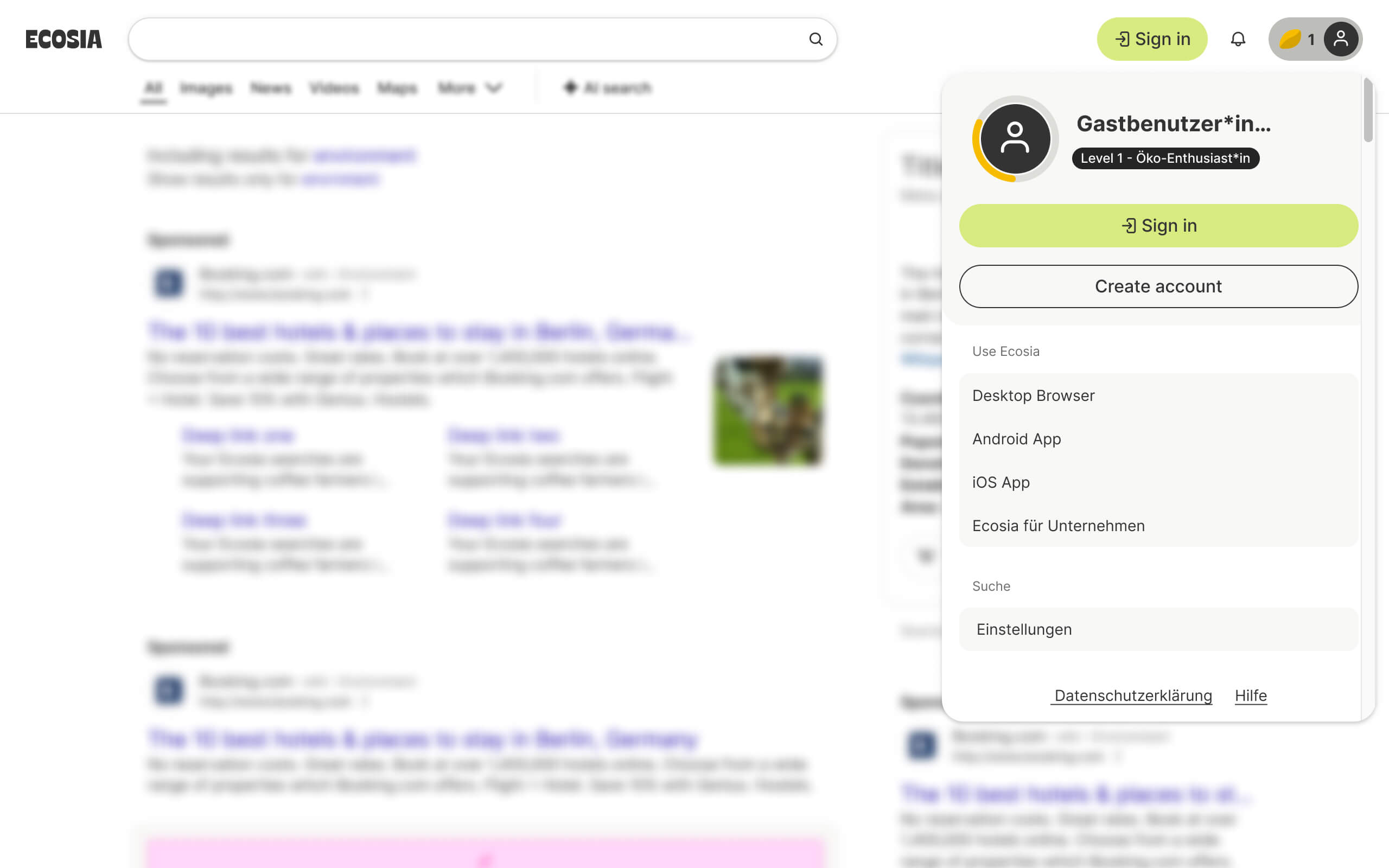 Screenshot indicating where to find sign in for Ecosia accounts, right corner of the screen