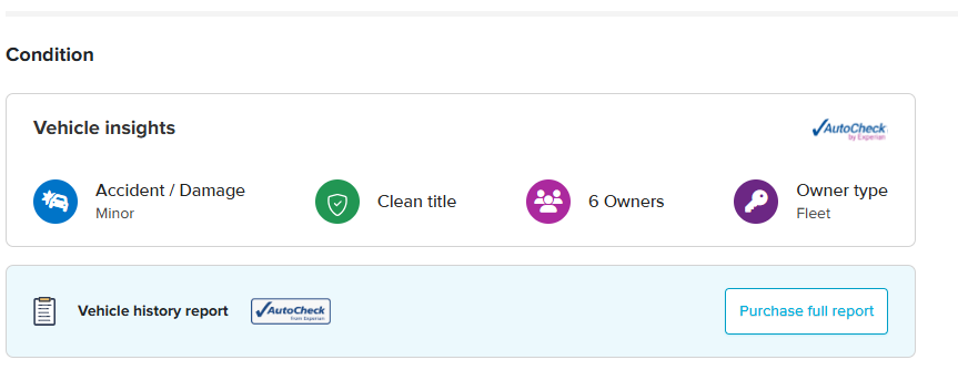 PrivateAuto Vehicle Insights section showing minor accident/damage, clean title, 6 owners, owner type as fleet, and a button to purchase the full AutoCheck vehicle history report.