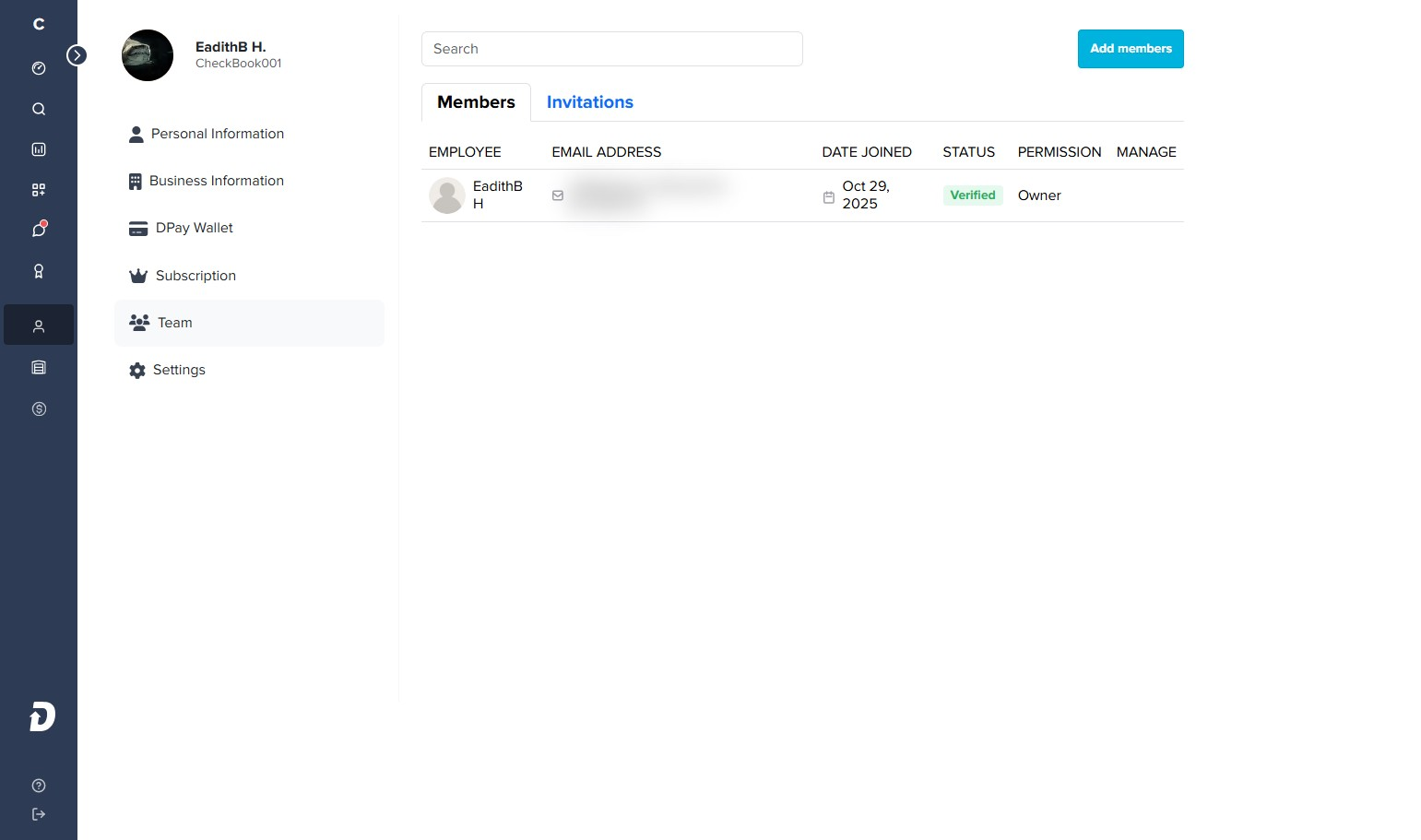 A vertical menu on the left. The Team menu item with a people icon is highlighted with an orange circle.