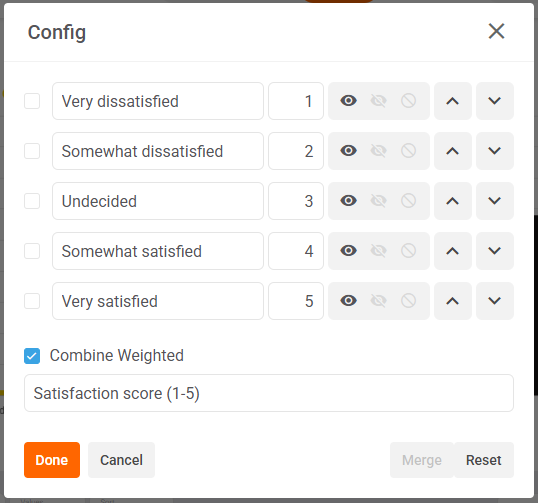 The Choices config with scores 1 to 5 next to each satisfaction choice, Combine Weighted ticked, and a combined-row label