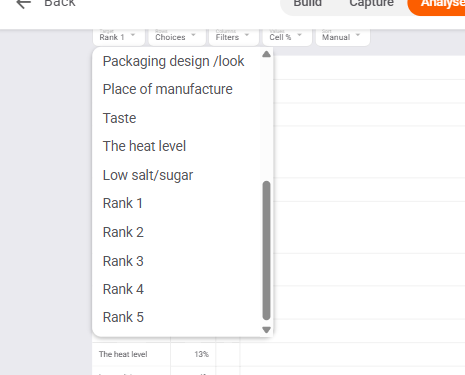 The Target slot menu on a rank question, listing the ranked factors and then Rank 1 through Rank 5