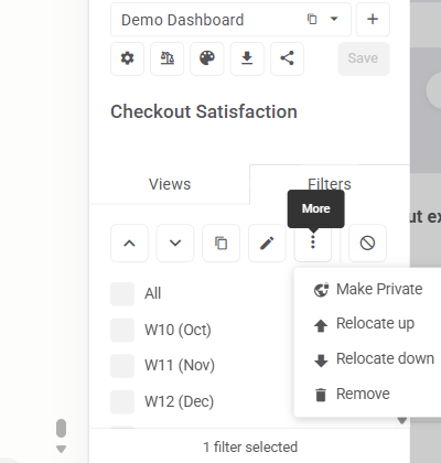 The Filters tab with one filter selected: the toolbar's arrows, duplicate, edit and More menu, with Make Private, Relocate up, Relocate down and Remove in the open menu