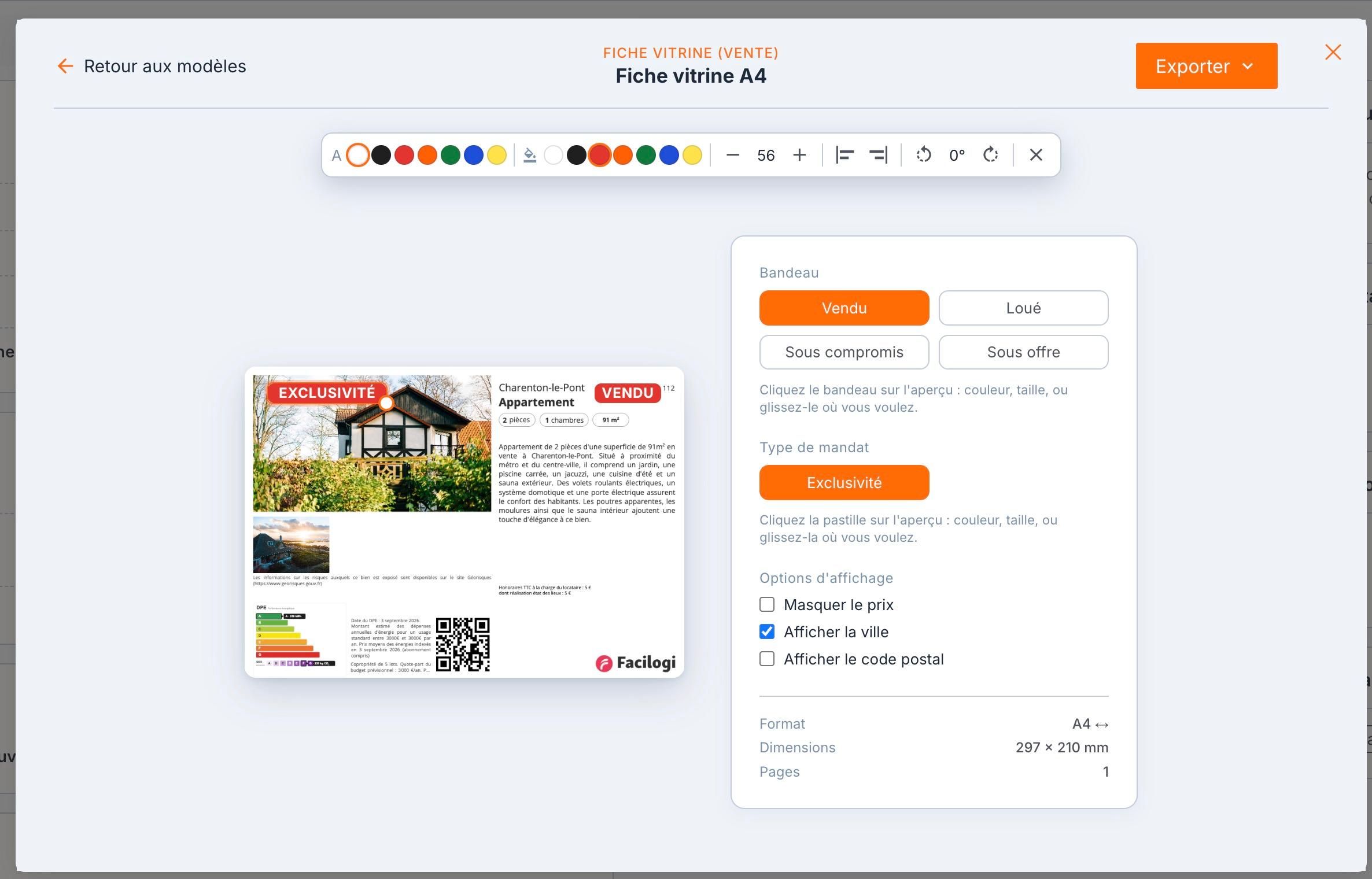 Une « Fiche vitrine (vente) » avec le bandeau « Vendu » et la pastille « Exclusivité », les options d'affichage à droite.
