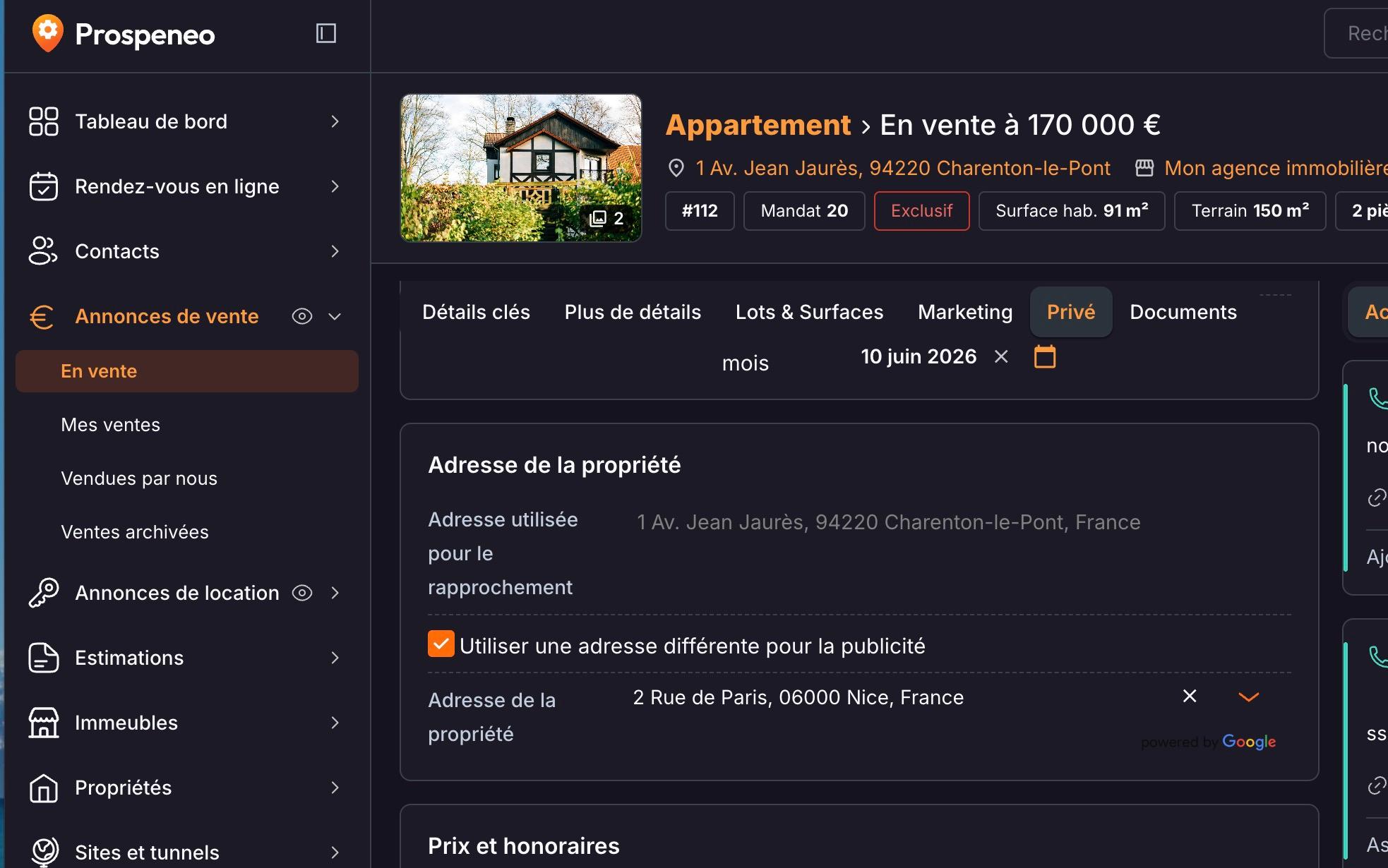 L'onglet « Privé » de l'annonce, bloc « Adresse de la propriété » : l'adresse utilisée pour le rapprochement, et la case « Utiliser une adresse différente pour la publicité ».