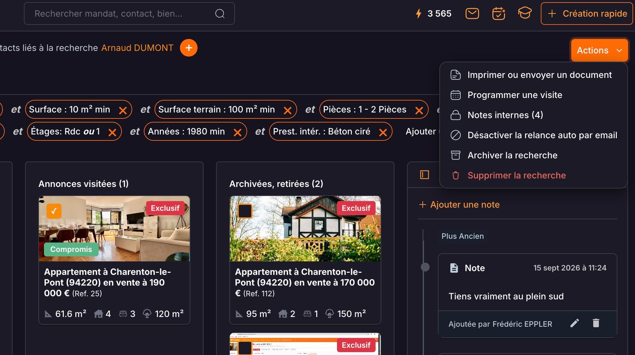 Sur la page de la recherche, l'annonce cochée : le menu « Actions » propose « Programmer une visite ».
