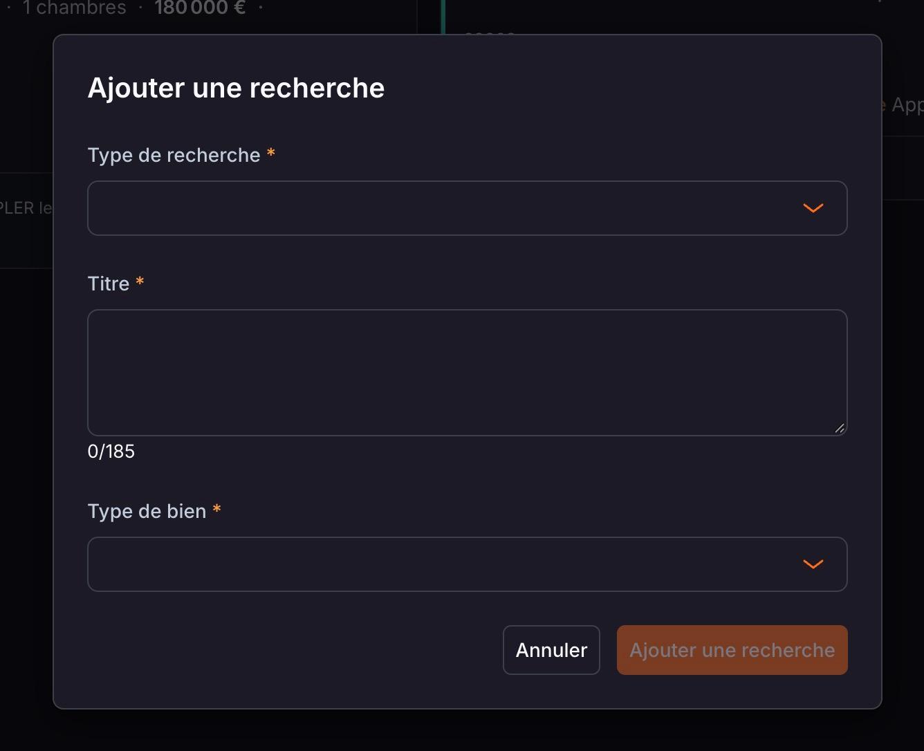 La fenêtre « Ajouter une recherche » : type de recherche, titre et type de bien, les trois champs obligatoires.