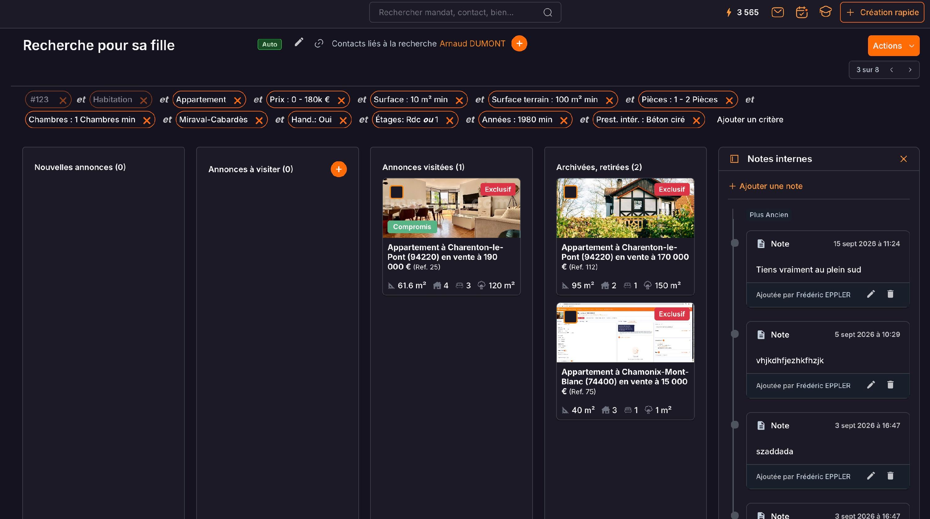 La page d'une recherche : les critères en haut, les annonces rangées en colonnes (nouvelles, à visiter, visitées, archivées) et les notes internes à droite.