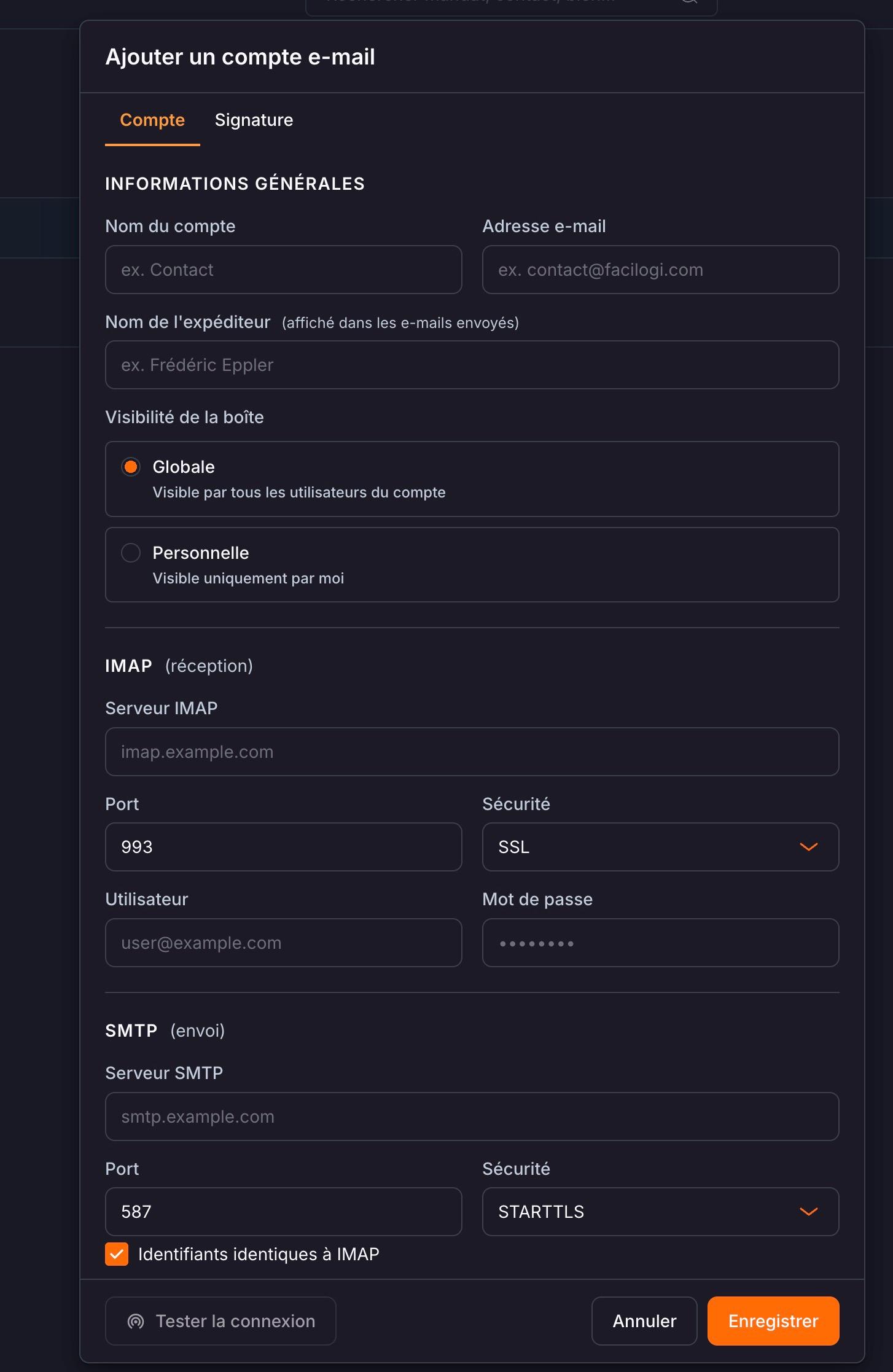 La fenêtre « Ajouter un compte e-mail » : informations générales, visibilité de la boîte (« Globale » ou « Personnelle »), puis les paramètres IMAP et SMTP.