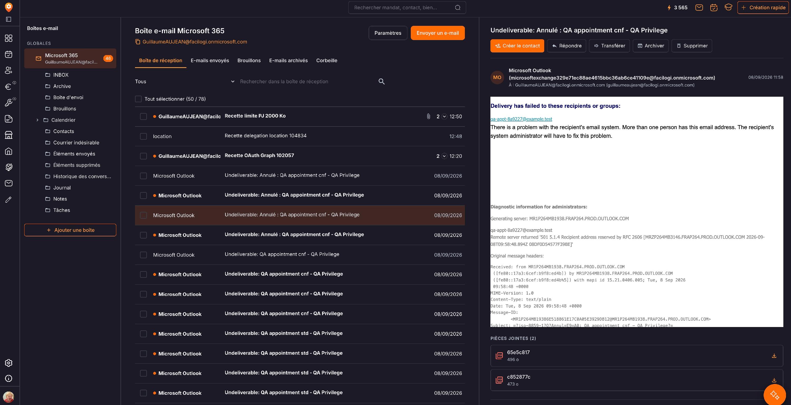Une boîte e-mail dans Prospeneo : les dossiers à gauche, les onglets de la boîte en haut, et l'icône « Attribuer » au survol d'un e-mail.