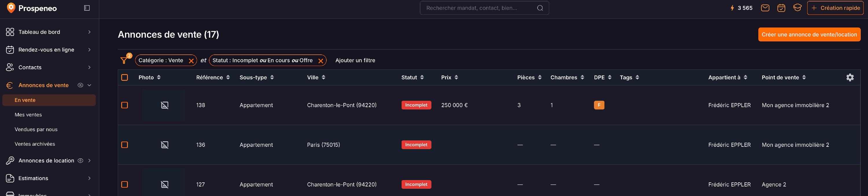 La liste « Annonces de vente », menu « En vente » : le bouton « Créer une annonce de vente/location » en haut à droite.