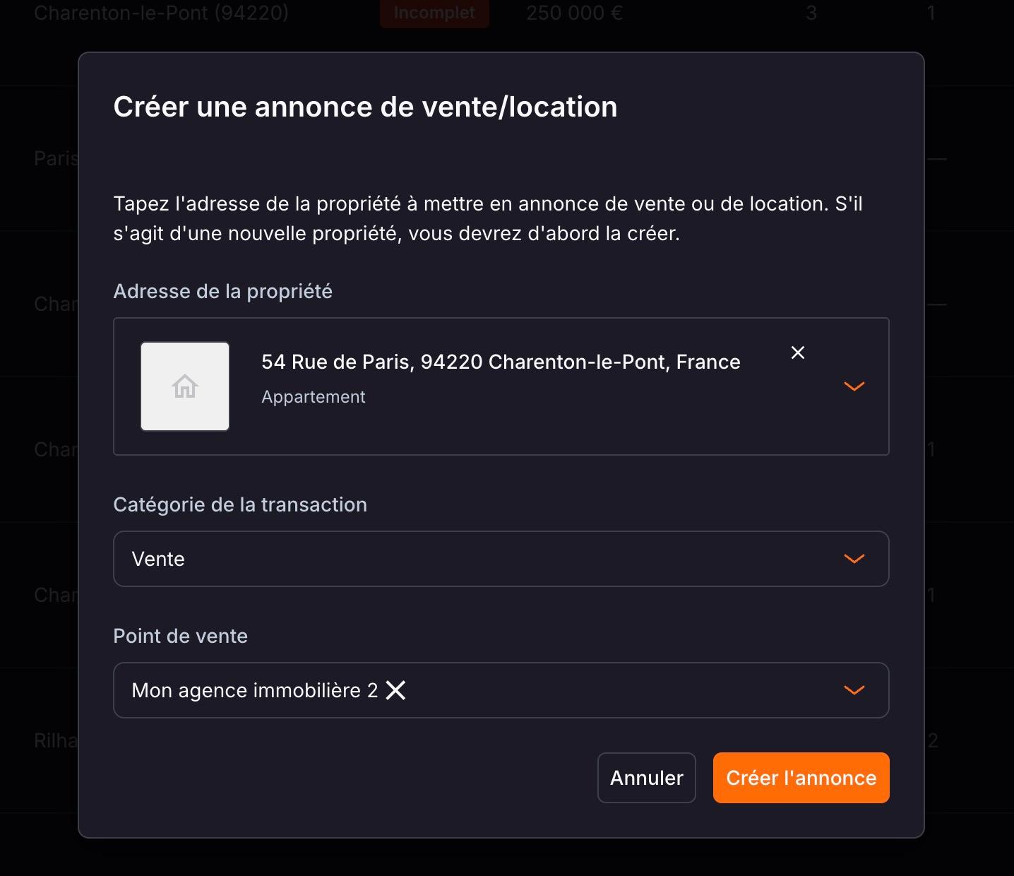 La fenêtre « Créer une annonce de vente/location » : la propriété trouvée à l'adresse, puis « Catégorie de la transaction », « Point de vente » et le bouton « Créer l'annonce ».