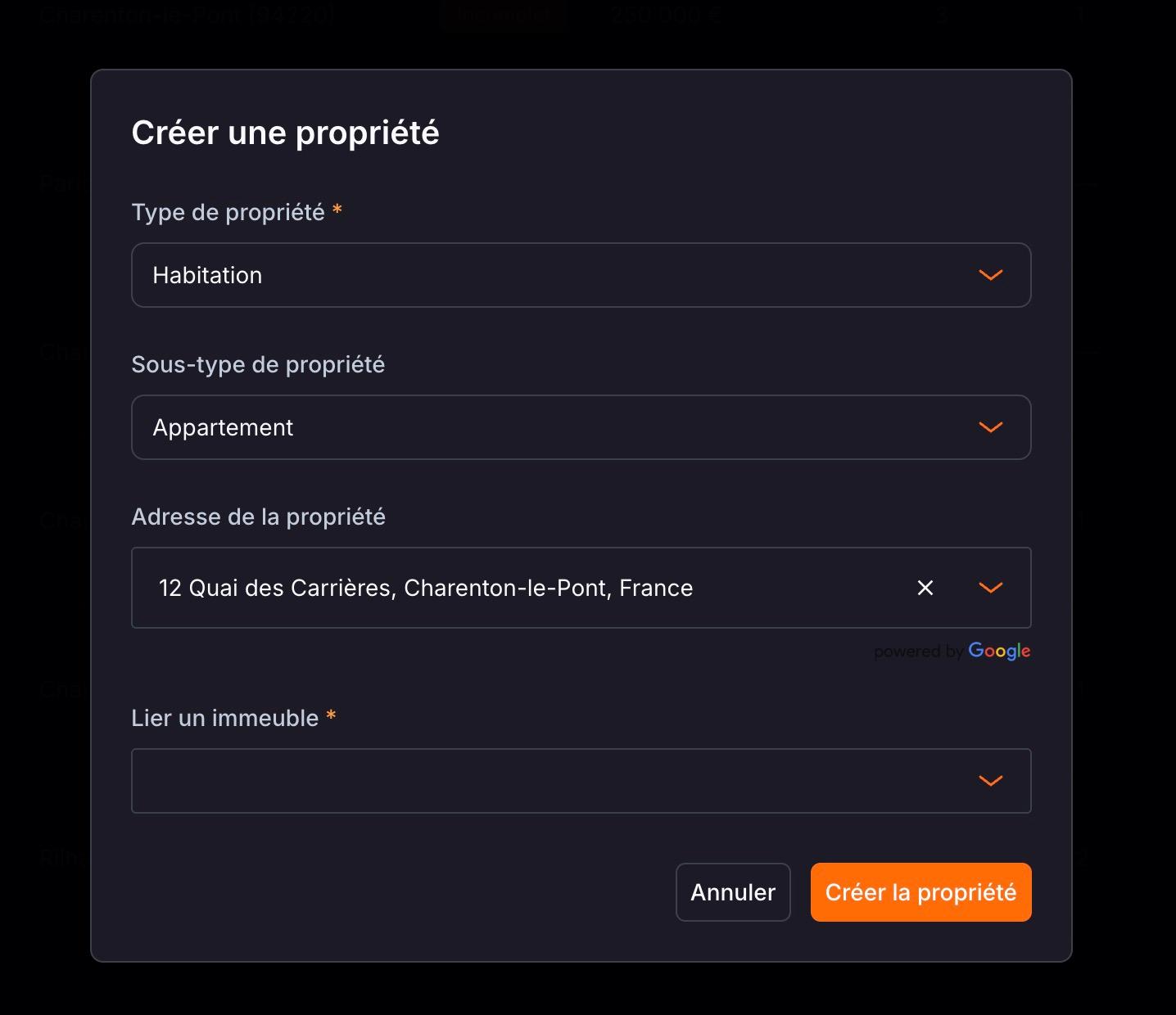 La fenêtre « Créer une propriété » : « Type de propriété », « Sous-type de propriété », « Adresse de la propriété », « Lier un immeuble » et le bouton « Créer la propriété ».
