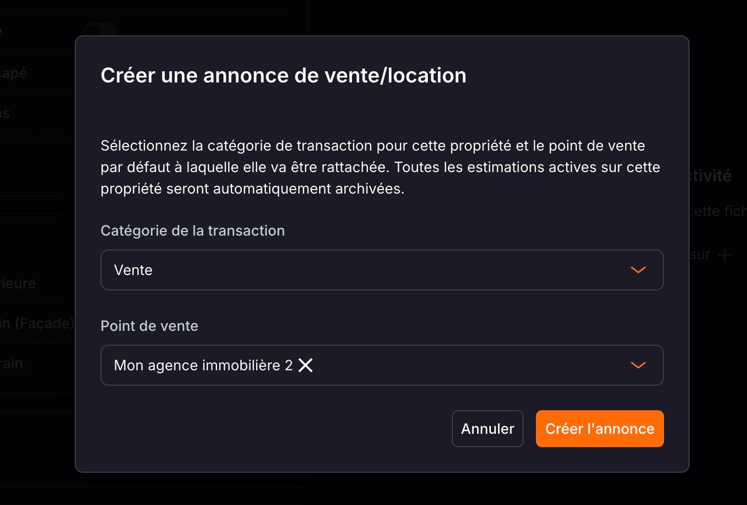 La fenêtre « Créer une annonce de vente/location » ouverte depuis la propriété : « Catégorie de la transaction », « Point de vente » et le bouton « Créer l'annonce ».