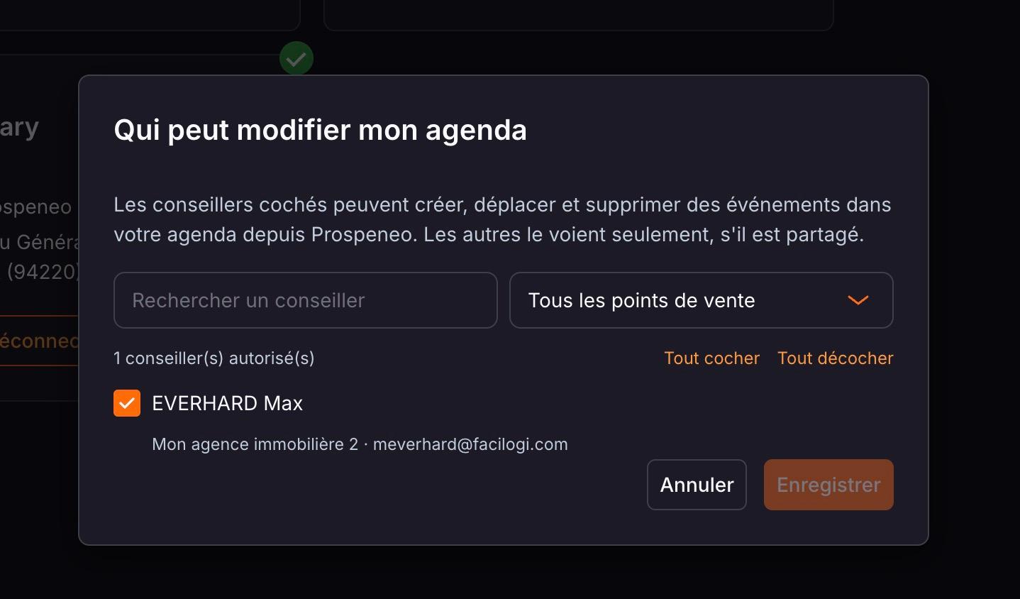 La fenêtre « Qui peut modifier mon agenda » : recherche par nom, filtre par point de vente, conseillers autorisés cochés.