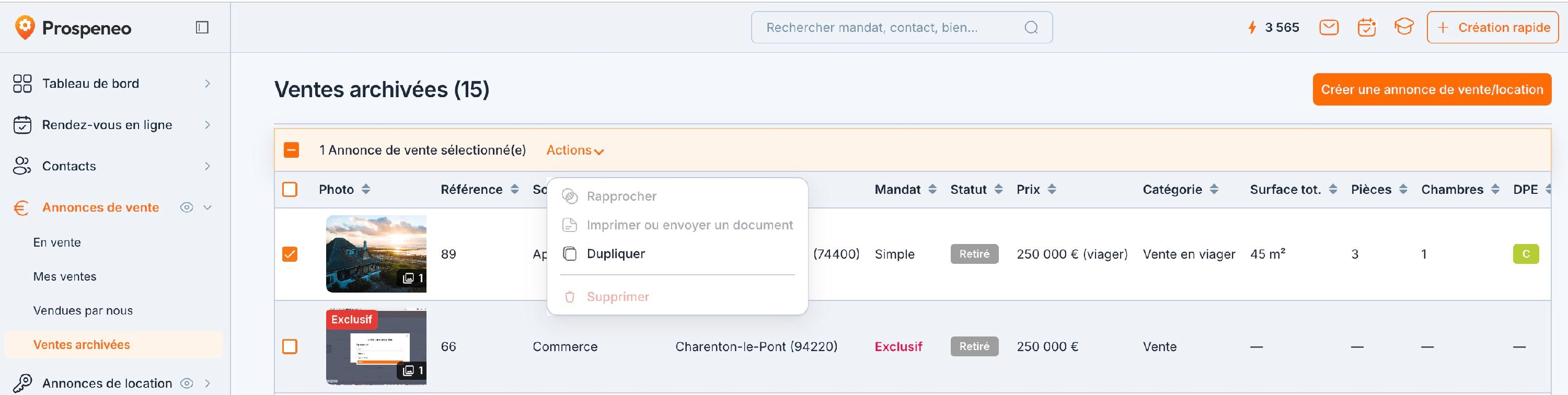 Les ventes archivées : une annonce « Retiré » cochée, et le menu « Actions » où seul « Dupliquer » reste actif.
