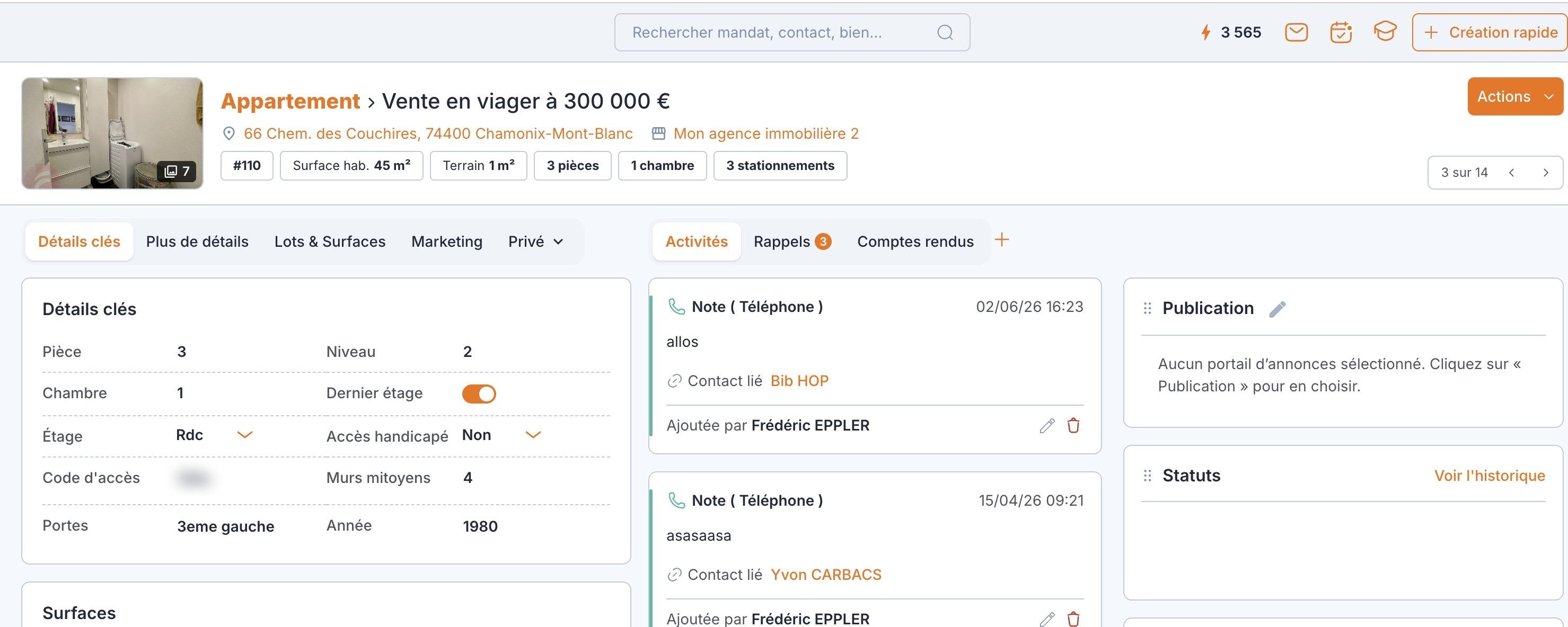 La nouvelle annonce, « Vente en viager » : à droite, le bloc « Publication » et son crayon. Aucun portail n'est encore choisi.