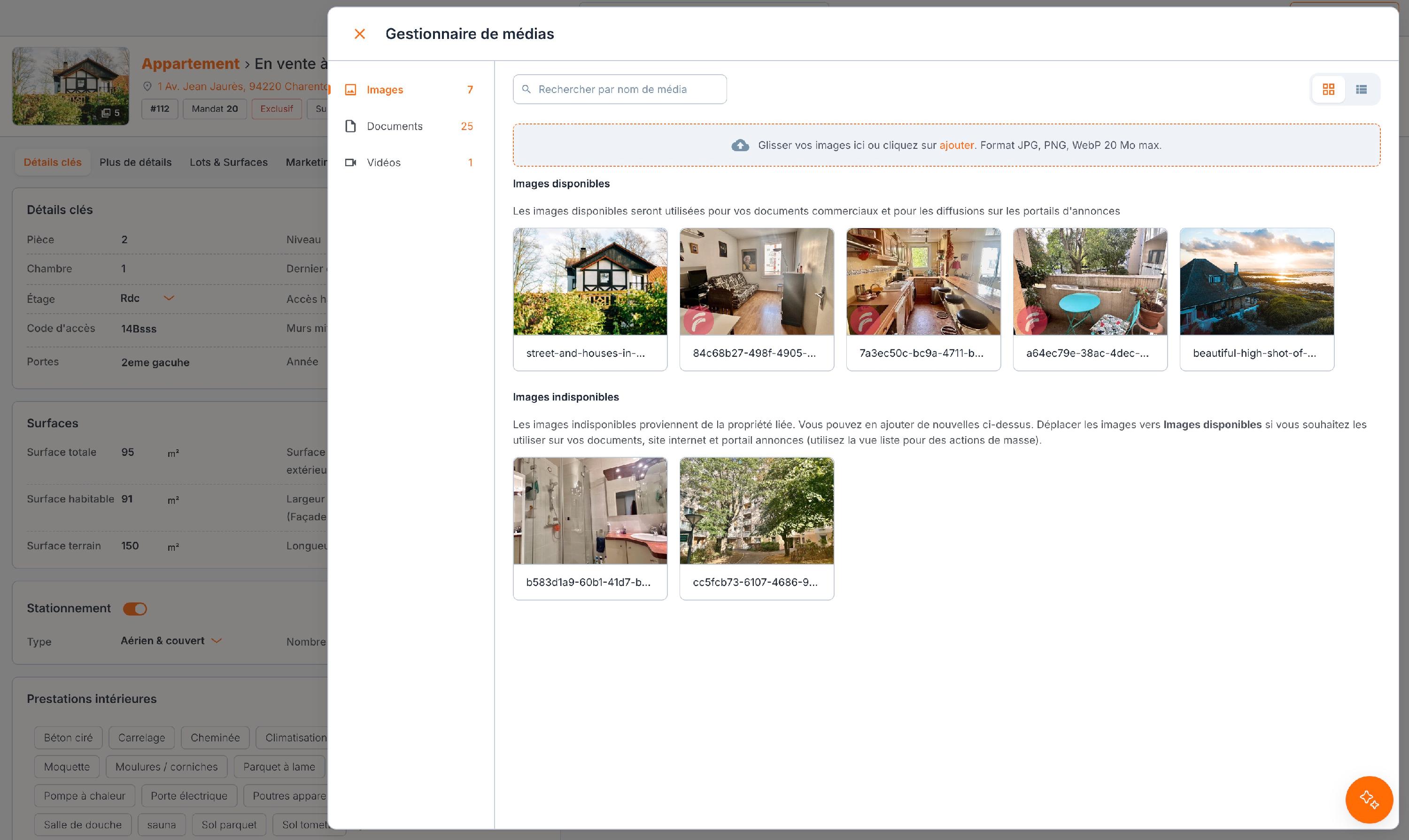 Le gestionnaire de médias d'une annonce : en haut les « Images disponibles », qui portent le watermark ; en bas les « Images indisponibles », venues de la propriété, sans watermark.
