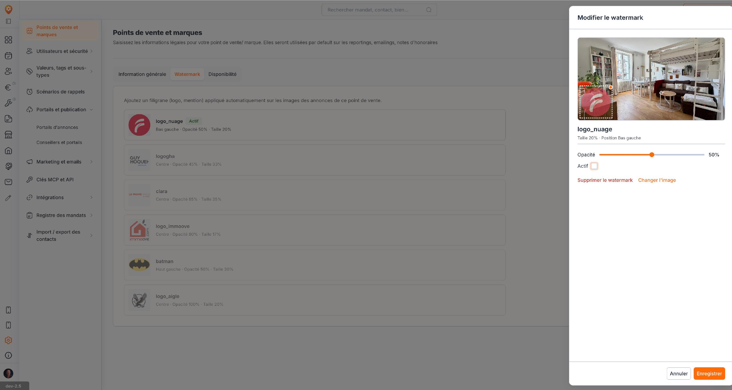 La fenêtre « Modifier le watermark » : la case « Actif » décochée, puis « Enregistrer ».