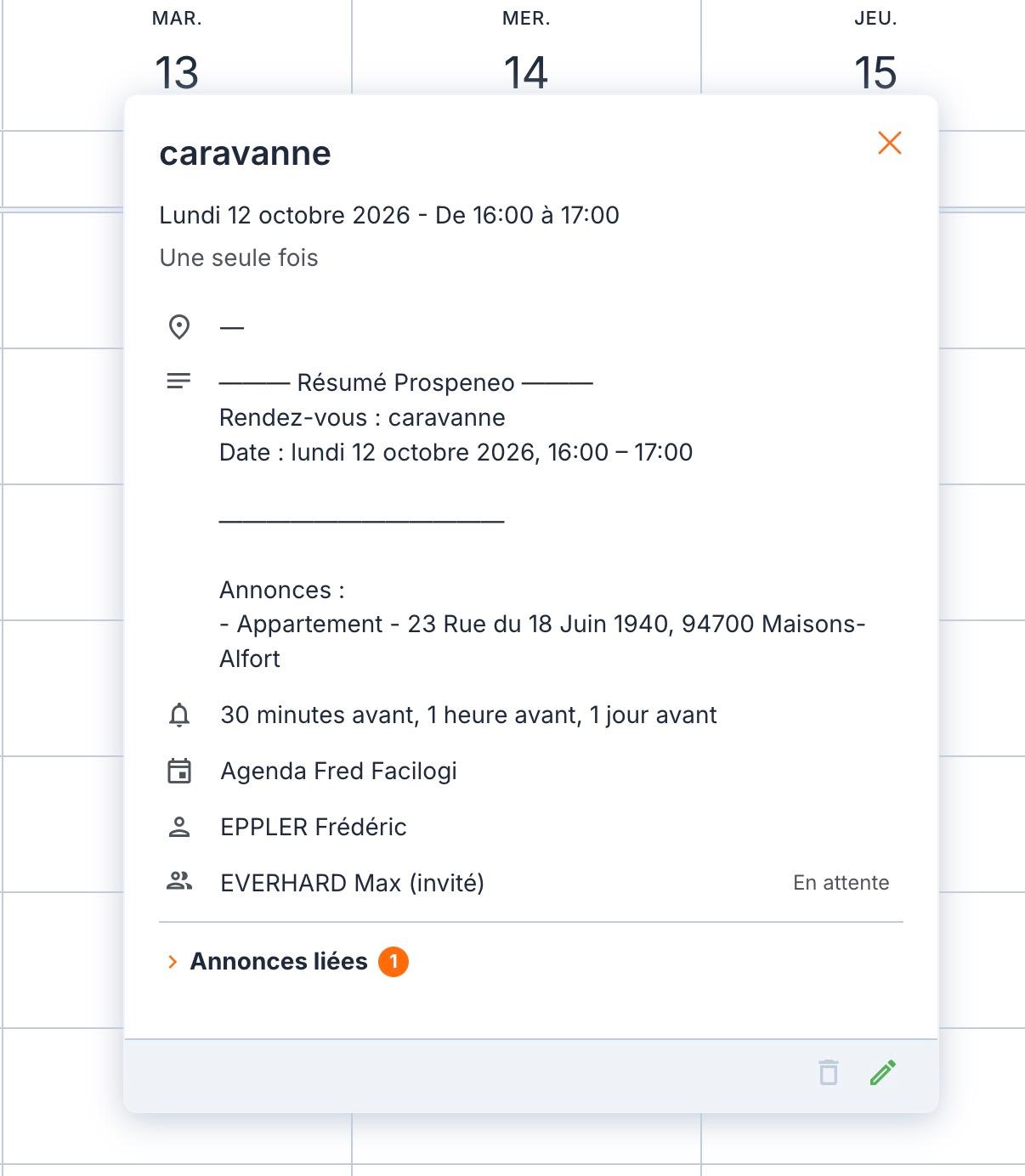 L'aperçu de l'événement dans l'agenda de Prospeneo : le « Résumé Prospeneo » avec l'annonce, les rappels, l'agenda, l'organisateur, puis l'invité marqué « (invité) » et sa réponse, ici « En attente ».
