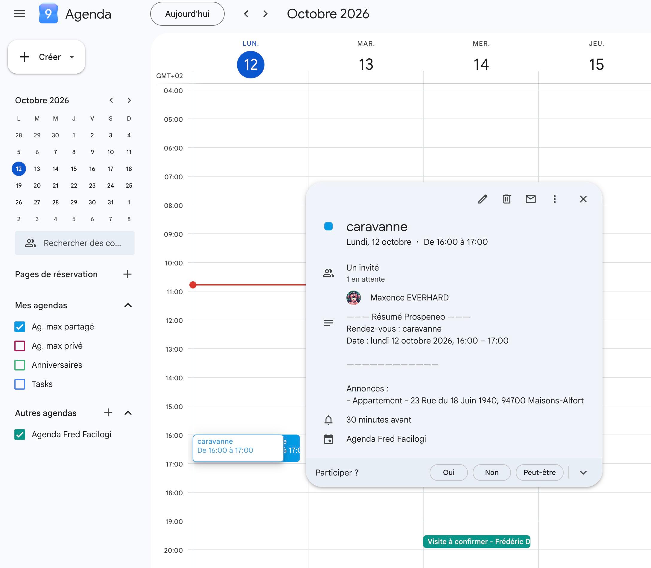 L'invitation vue dans l'agenda Google de l'invité : « 1 en attente », le « Résumé Prospeneo » avec l'annonce, et la question « Participer ? » en bas.
