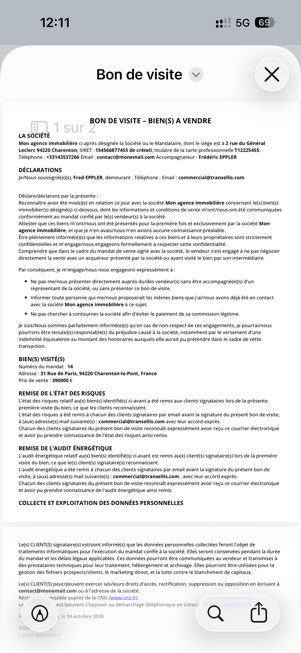 L'aperçu du bon de visite avant signature : la société, le contact qui déclare, les propriétés visitées et les mentions légales. La croix, en haut à droite, ferme l'aperçu et passe à la signature.