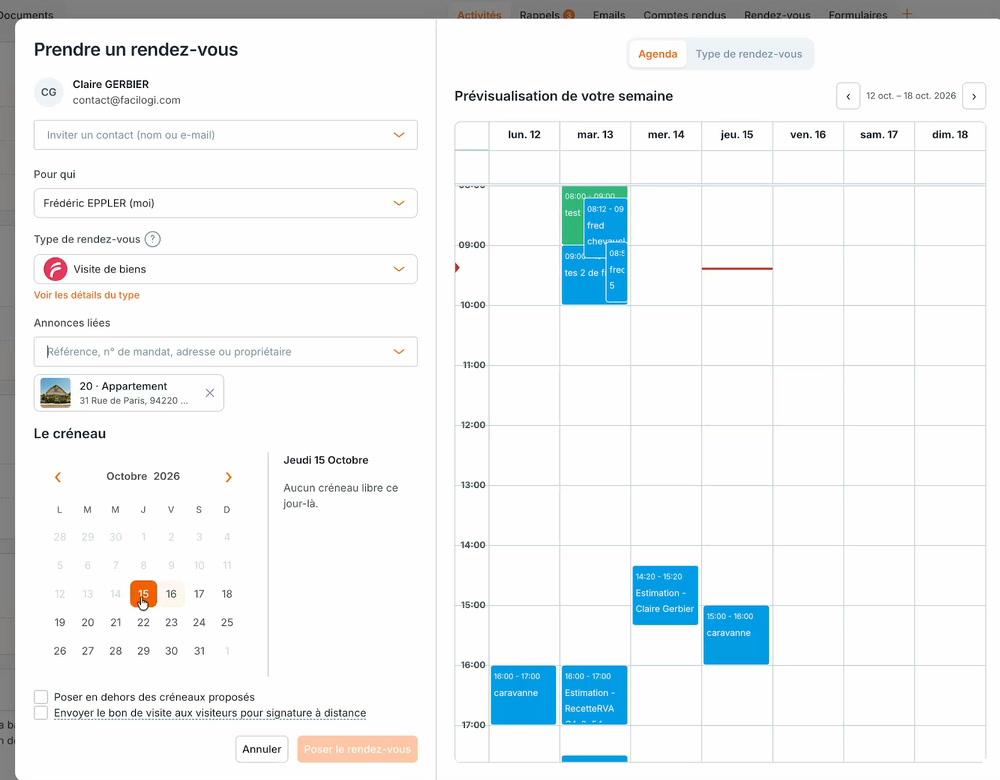 La fenêtre « Prendre un rendez-vous » : le contact, l'invitation d'un autre contact, « Pour qui », le type « Visite de biens », l'annonce liée, le calendrier des créneaux et la prévisualisation de la semaine.
