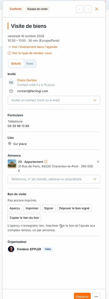 Le détail d'un rendez-vous dans « Mes rendez-vous » : l'invité, le lieu, l'annonce, le bloc « Bon de visite » (Aperçu, Imprimer, Signer, Déposer le bon signé), l'organisateur, et « Déplacer ».