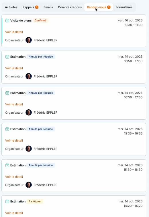 L'onglet « Rendez-vous » de la fiche contact : chaque rendez-vous avec son statut (Confirmé, Annulé par l'équipe, À clôturer), sa date et son organisateur.