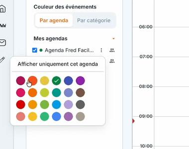 Le menu « … » d'un agenda : « Afficher uniquement cet agenda » et les 24 teintes, la couleur choisie cochée.